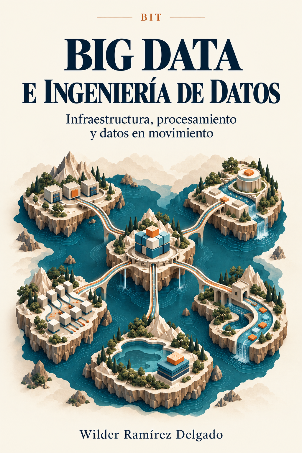 Portada: Big Data e Ingeniería de Datos — Infraestructura, procesamiento y datos en movimiento, por Wilder Ramírez Delgado. Un archipiélago isométrico de islas unidas por puentes y canales de agua, cada una con edificios, bloques de datos y cascadas, alrededor de una isla central con un cubo.