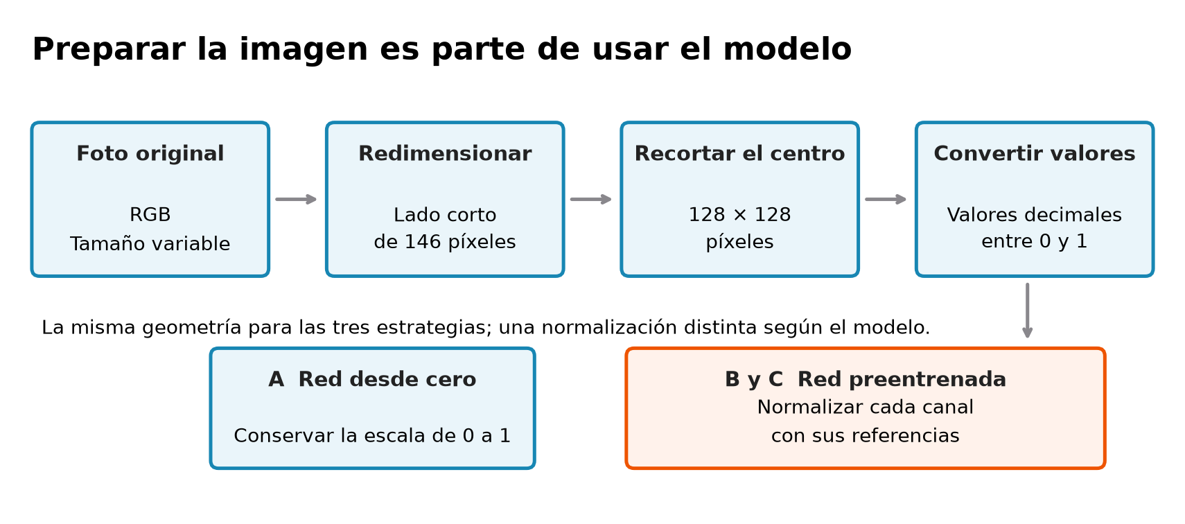 Preparación compartida: foto RGB, lado corto de 146 píxeles, recorte central de 128 por 128 y escala de cero a uno. A conserva esa escala; B y C añaden la normalización de los pesos preentrenados.