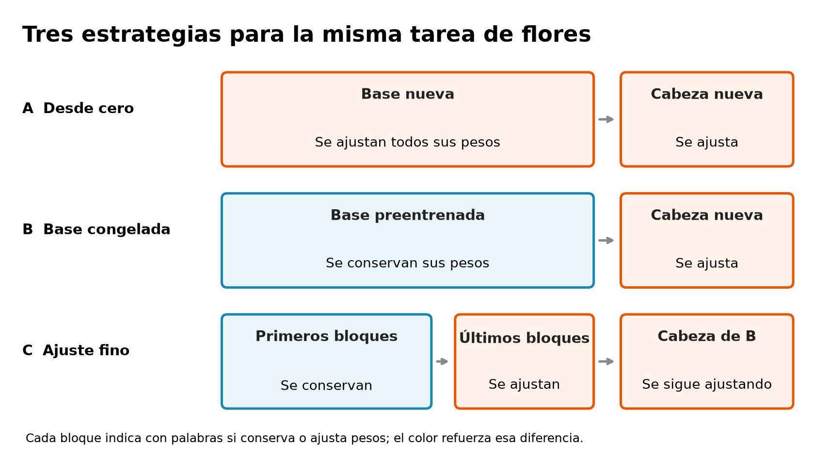 Comparación de las partes entrenables. A ajusta toda una CNN nueva; B mantiene la base fija y aprende la cabeza; C mantiene los primeros bloques y ajusta los tres finales junto con la cabeza. Cada bloque identifica por texto si conserva o ajusta pesos.