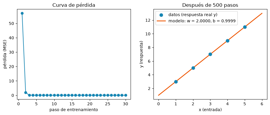 Dos gráficas. A la izquierda, la pérdida empieza en 57 en el paso 1, cae casi a cero en el paso 3 y se queda pegada a cero hasta el paso 30. A la derecha, los cinco puntos de datos y una línea continua que pasa exactamente por todos ellos.