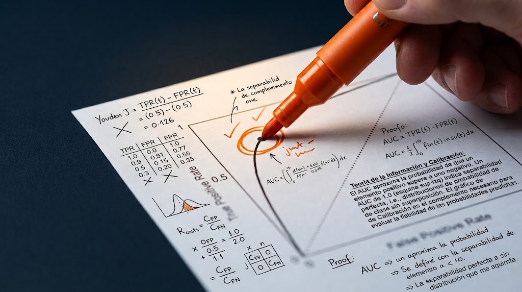 Hand annotating a printed ROC curve and model evaluation formulas with an orange marker