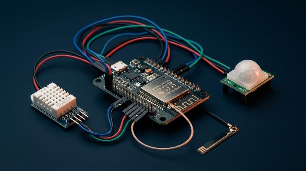ESP32 microcontroller connected to a temperature and humidity sensor, a motion sensor, and an external antenna, with neatly arranged wiring on a dark background