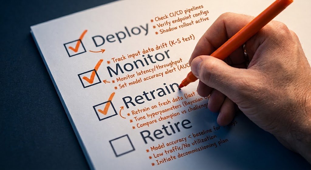Checklist impreso con las etapas Deploy, Monitor, Retrain y Retire, con las dos primeras marcadas con un check en marcador naranja